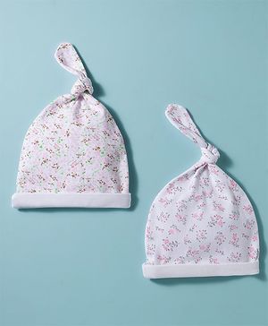Babyhug 100% Cotton Interlock Knit Cap With Animal Print Pack of 2 White- Diameter 15 cm