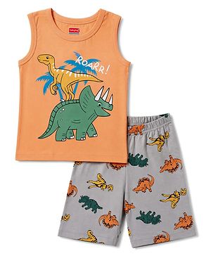 Babyhug Cotton Knit Sleeveless T-Shirt & Shorts Night Suit with Dino Print - Orange