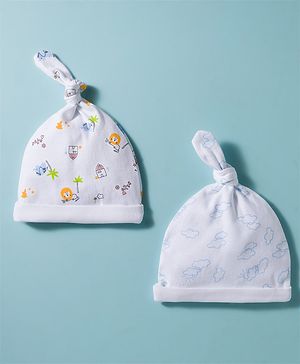 Babyhug 100% Cotton Interlock Knit Baby Caps With Floral Print Pack of 2 White- Diameter 17 cm