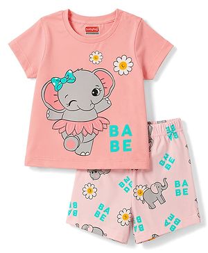 Babyhug Cotton Knit Half Sleeves Elephant & Floral Printed  T-Shirt & Shorts Night Suit - Pink