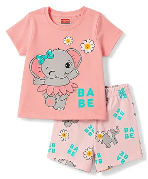 Babyhug Cotton Knit Half Sleeves
                              Elephant & Floral Printed T-Shirt
                              & Shorts Night Suit - Pink
