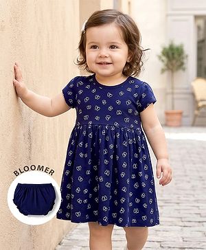 Babyhug Single Jersey Knit Half Sleeves Frock With Butterfly Print & Bloomer - Navy Blue