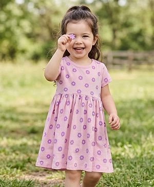 Babyhug Single Jersey Knit Half Sleeves Floral Printed Frock With Bloomer - Pink