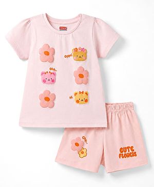 Babyhug Half Sleeves T-Shirt & Shorts Night Suit With Floral Print - Peach