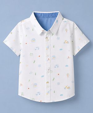 Babyhug 100% Cotton Woven Half Sleeves Shirt with Boat & Car Print -White