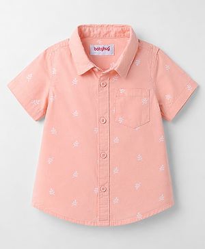 Babyhug Cotton Woven Shirt Half Sleeve Regular Collar Printed Peach 9-12 Months