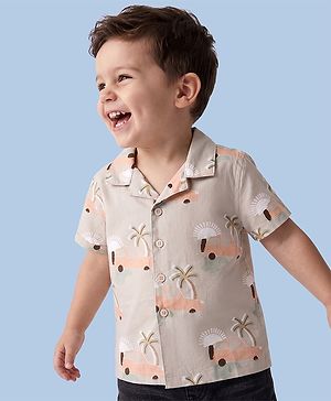 Babyhug 100% Cotton Woven Half Sleeves Shirt with Tropical & Vehicle Print - Light Peach