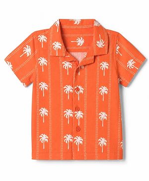 Babyhug Half Sleeve 100% Cotton Woven Resort Collar Printed Shirt with Palm Tree Print -Orange