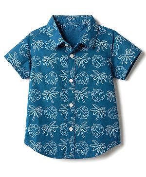 Babyhug 100% Cotton Woven Regular Collar Shirt with Half Sleeves and Palm Trees and Monstera Leaves Print in Blue