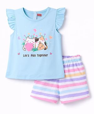 Babyhug Cotton Knit Sleeveless T-Shirt & Striped Shorts Night Suit With Animal Print - Blue
