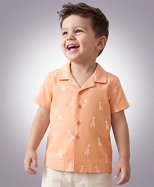 Babyhug 100% Cotton Woven Half Sleeves Shirt with Giraffe Print - Peach