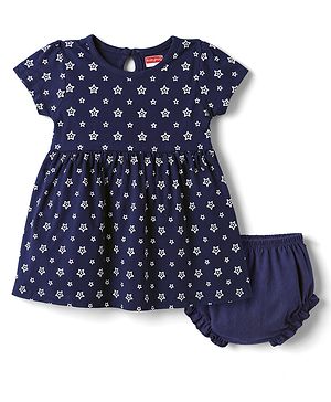 Babyhug Single Jersey Knit Half Sleeves Star Printed Frock With Bloomer - Navy Blue