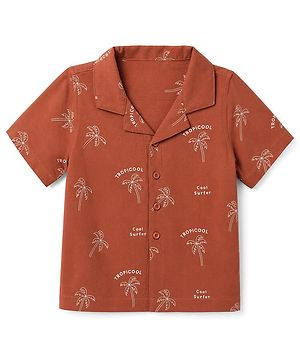 Babyhug 100% Cotton Woven Half Sleeves Shirt with Tropical & Text Print - Rust Orange