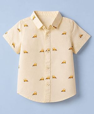 Babyhug 100% Cotton Woven Shirt with Half Sleeves and Bulldozer Print in Offwhite for 9-12 Months