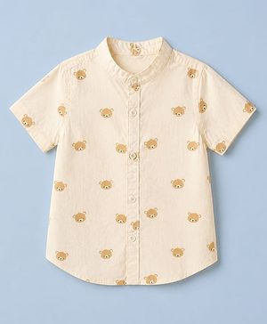 Babyhug 100% Cotton Woven Half Sleeves Shirt with Bear Print in Offwhite