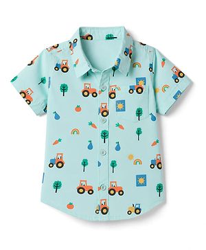 Babyhug 100% Cotton Woven Half Sleeves Shirt with Farm Theme Print - Aqua Blue