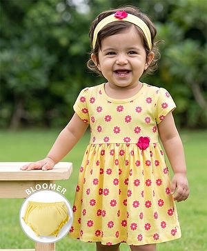 Babyhug Single Jersey Knit Half Sleeves Floral Printed Frock With Bloomer & Headband - Yellow