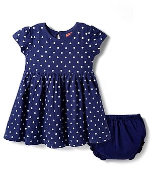 Babyhug Single Jersey Knit Half Sleeves Frock With Polka Dot Print & Bloomer - Navy Blue