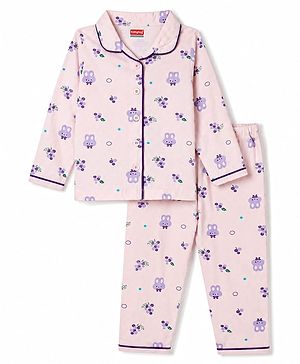 Babyhug Cotton Knit Full Sleeves Bunny Printed Co-ords Shirt & Pyjama Night Suit -Lavender