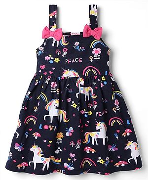 Babyhug Cotton Single Jersey Knit Sleeveless Dress with Unicorn & Floral Print with Bow - Navy Blue