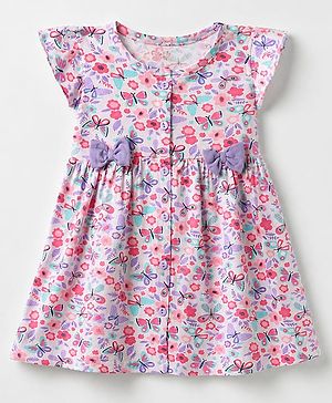 Babyhug Cotton Single Jersey Knee Length Frocks with Frill Sleeves and Butterfly and Floral Print in Pink