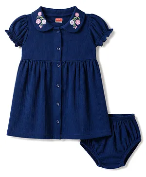 Babyhug Cotton Knit Half Sleeves
                                  Floral Embroidered Frock With Bloomer
                                  - Navy Blue
