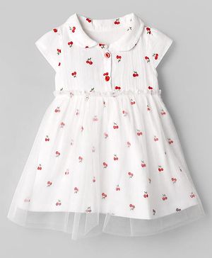 Babyhug 100% Cotton Mesh Knit Half Sleeves Frock with Cherry Print & Net Detailing - White