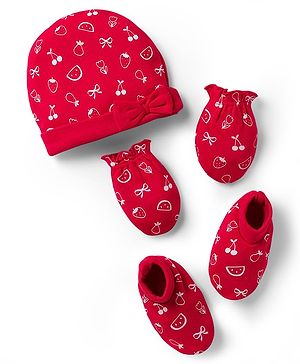 Babyhug 100% Cotton Knit Cap Mittens & Booties with Fruit Print Red - Diameter 8 cm