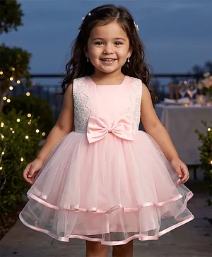 Babyhug Woven Sleeveless Layered
                              Party Dress with Bow Applique &
                              Embroidery - Peach