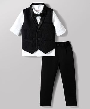 Babyhug Knit Full Sleeves Solid Color 3 Piece Party Suit with Bow & Rhinestone Detailing - Black