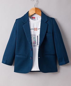 Babyhug Knit Full Sleeves Party Wear Blazer With Graphic Printed T-Shirt - Navy Blue