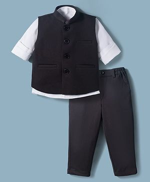 Babyhug Knit Full Sleeves Solid 3 Piece Party Suit with Stretchabale Waistcoat & Bow - Black & White