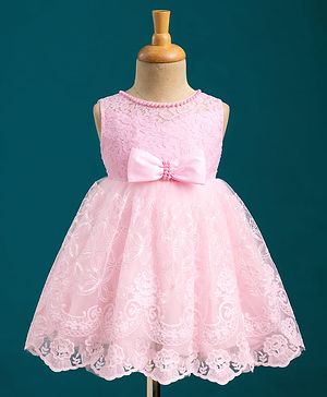 Babyhug Mesh Woven Sleeveless Party Dress With Floral Lace Detailing & Bow Applique - Light Pink