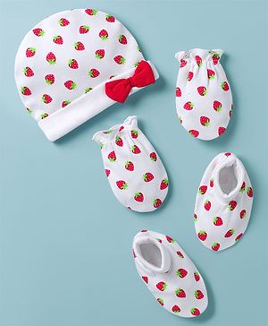 Babyhug 100% Cotton Knit Cap Mittens & Booties with Strawberry Print Multicolor - Diameter 8 cm