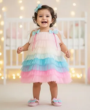 Many frocks & Net Woven
                              Sleeveless Bow Applique Detailed Layered
                              Dress - Multi Colour