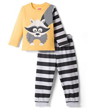 Babyhug Full Sleeves T-Shirt & Striped Pyjama Night-Suit With Fox Print - Orange & Black