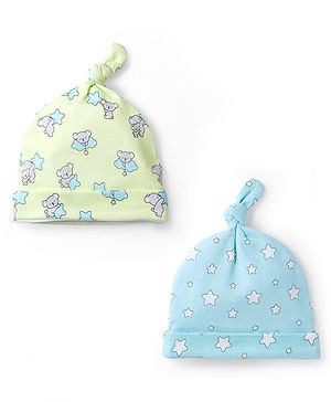 Babyhug 100% Cotton Interlock Knit Animal & Star Printed Caps Pack Of 2 Multicolor - Diameter 15 cm