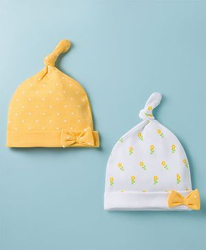 Babyhug 100% Cotton Interlock Knit Polka Dots & Floral Printed Caps With Bow Applique Pack Of 2 Multicolor - Diameter 16.5 cm