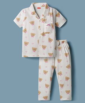 Babyhug Cotton Knit Half Sleeves Shirt & Pyjama Co-ord Night Suit with Teddy Print - Off White