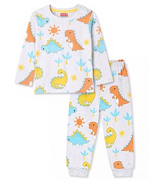 Babyhug Cotton Knit Full Sleeves Co-Ord T-Shirt & Pyjama Night Suit With Dino Print - Multicolor