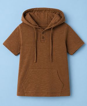 Pine Kids Cotton Knit Hooded T-Shirt with Henley Neck Brown 5-6 Years