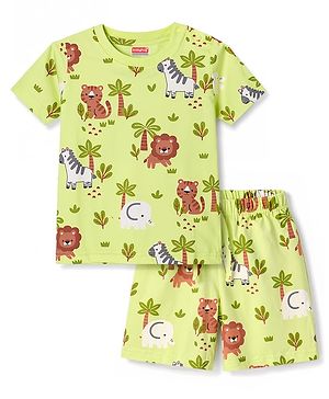 Babyhug Cotton Knit Half  Sleeves Co-Ord T-Shirt & Shorts Night Suit With Animal Print - Light Green