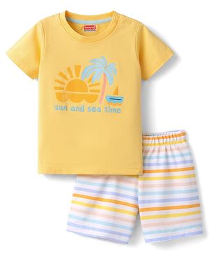 Babyhug Cotton Knit Half  Sleeves T-Shirt & Shorts Night Suit with Sun & Sea Print - Yellow