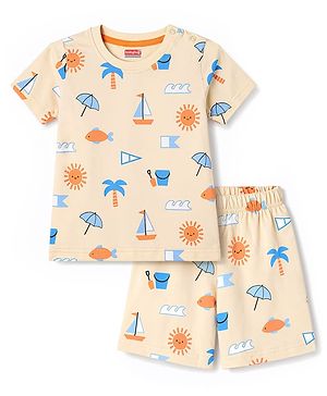 Babyhug Cotton Knit Half  Sleeves Co-Ord T-Shirt & Shorts Night Suit With Tropical Theme Print - Blue & Cream