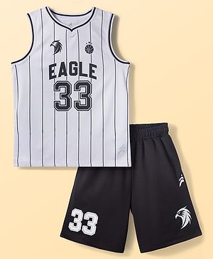 Pine Active Knit Sleeveless Stripes & Text Printed Tank T-Shirt & Shorts Set - White