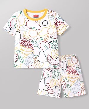 Babyhug Cotton Knit Half  Sleeves Co-Ord T-Shirt & Shorts Night Suit With Fruits Print - White