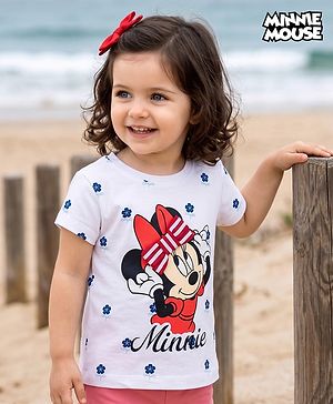 Babyhug Disney Cotton Knit T-Shirt with Minnie Mouse Graphic Print Half Sleeves Round Neck White 3-6 Months