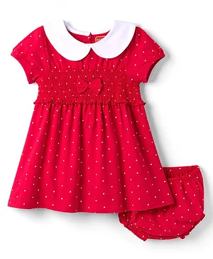 Babyhug Single Jersey Knit Half
                                  Sleeves Smocked Frock with Polka Dot
                                  Print & Bloomer - Dark Pink