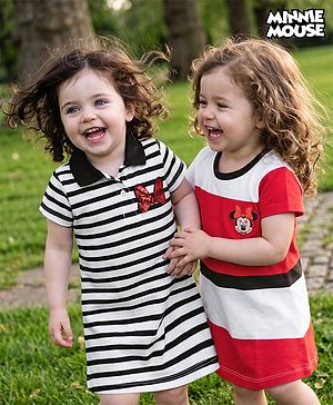 Babyhug Disney Single Jersey Pique Knit Half Sleeve Dresses With Minnie Mouse Graphic & Sequin Detailing Bow Applique Pack of 2 - White & Red