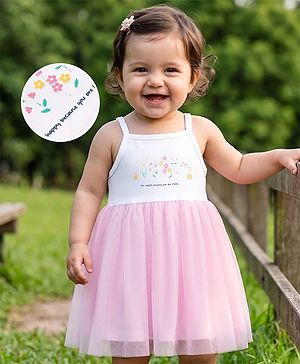 Babyhug Mesh Knit Sleeveless Bees & Floral Printed Frock With Bloomer - Pink